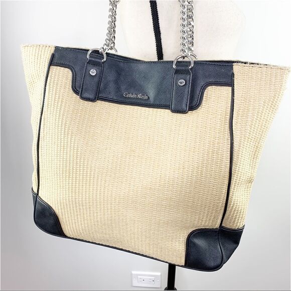 Calvin‎ Klein Large Double Chain Strap Straw Tote Bag w/Faux Leather Accents - Picture 2 of 15